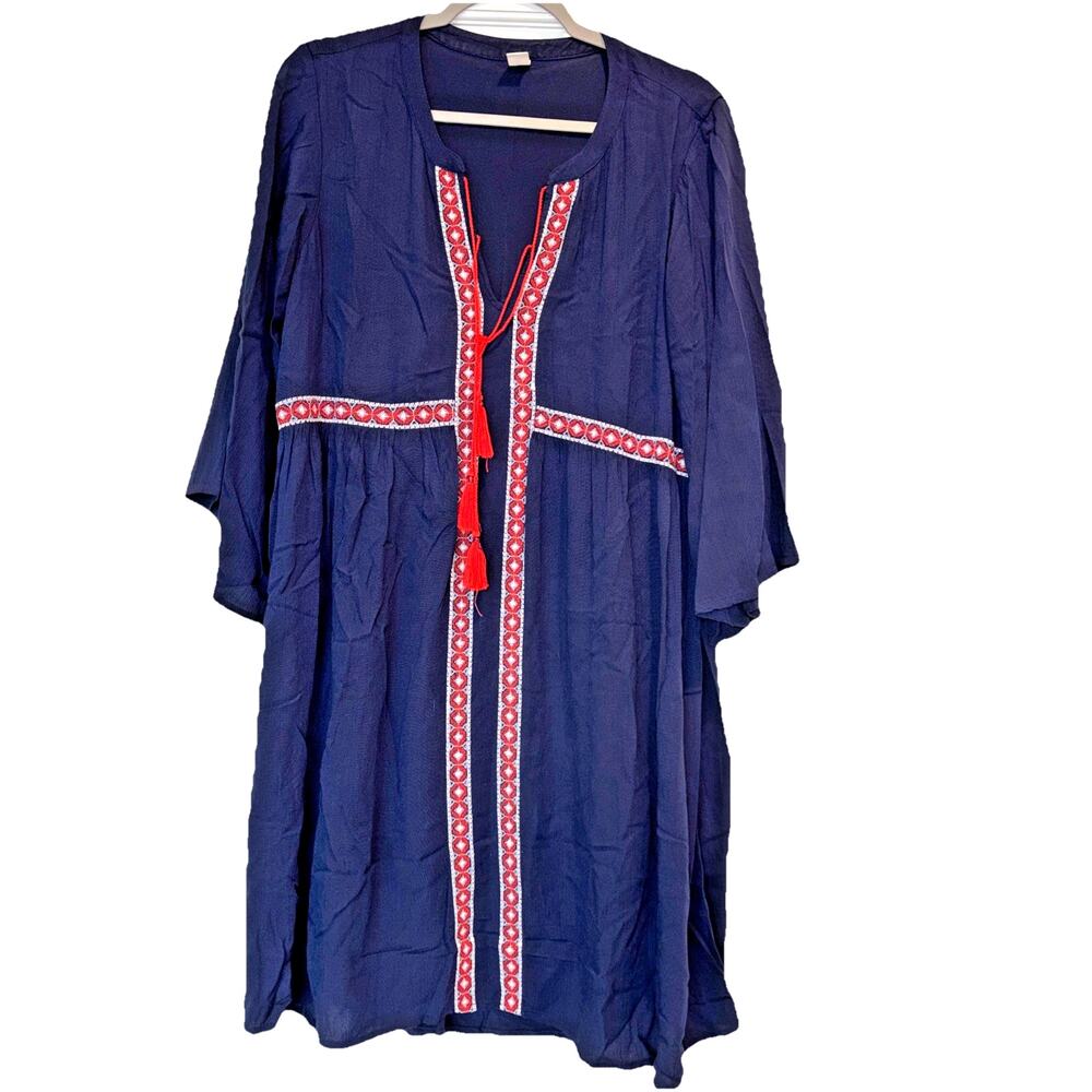 Old Navy Tassel Tie Embroidered Boho Pullover Blue Orange Tunic Dress Medium